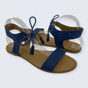 Lucky Brand Bemus Navy Blue Lasercut Tassel Tie Faux Suede Flat Sandal 10